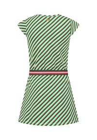 Striped dress featuring green, red, and cream diagonal lines with a fitted waist and flared skirt; short cap sleeves and a small gold emblem at the neck.