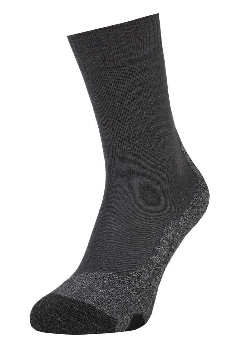 Grau Socke mit geripptem oberen Teil und verstärktem Fersen- und Zehenbereich. Hat einen dunkleren grauen Akzent an der Zehe. Hergestellt aus einem weichen, flexiblen Material.