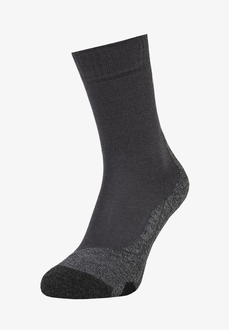 Grau Socke mit geripptem oberen Teil und verstärktem Fersen- und Zehenbereich. Hat einen dunkleren grauen Akzent an der Zehe. Hergestellt aus einem weichen, flexiblen Material.