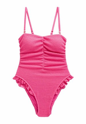 Costume da bagno intero rosa realizzato in tessuto testurizzato, caratterizzato da arricciature sul petto, spalline sottili e bordi increspati alle aperture delle gambe.