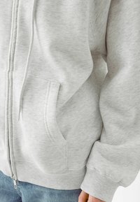 Felpa con zip di un grigio chiaro, realizzata in tessuto felpato, con polsini a coste, tasche a marsupio e cappuccio regolabile con coulisse. Design semplice senza motivi visibili.