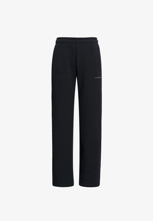 Mustat collegehousut, jotka on valmistettu pehmeästä kankaasta, ja niissä on joustava vyötärö, kaksi sivutaskua sekä logo alhaalla lahkeessa.