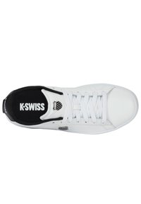 White leather sneaker with a black mesh tongue, flat white laces, and K-Swiss logo on the side and tongue. Smooth texture and minimal design.