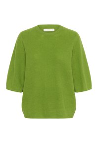 Green ribbed knit sweater with a round neckline, short sleeves, and side slits. Soft texture and relaxed fit.