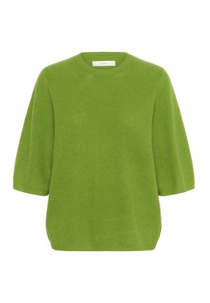 Grüner gerippter Strickpullover mit Rundhalsausschnitt, kurzen Ärmeln und seitlichen Schlitzen. Weicher Stoff und lockere Passform.