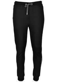 Svarta atletiska joggarbyxor i ett mjukt tyg med elastisk midja och grå snörning; har avsmalnande ben och diskret logotypdetalj.