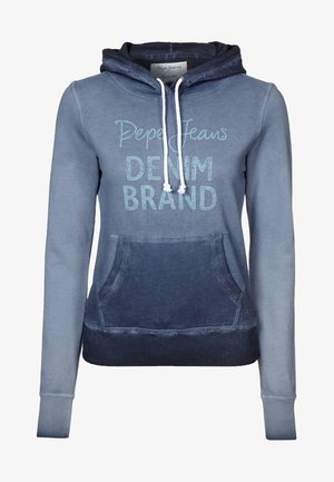 Sudadera con degradado azul, hecha de algodón, que cuenta con un bolsillo frontal y cordones. Gráfico "Pepe Jeans DENIM BRAND" en azul en el pecho.