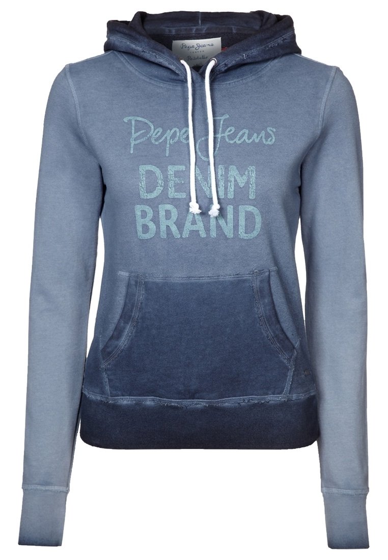 Blå gradient hoodie i bomull, med en framficka och dragsnören. "Pepe Jeans DENIM BRAND" grafik i blått på bröstet.