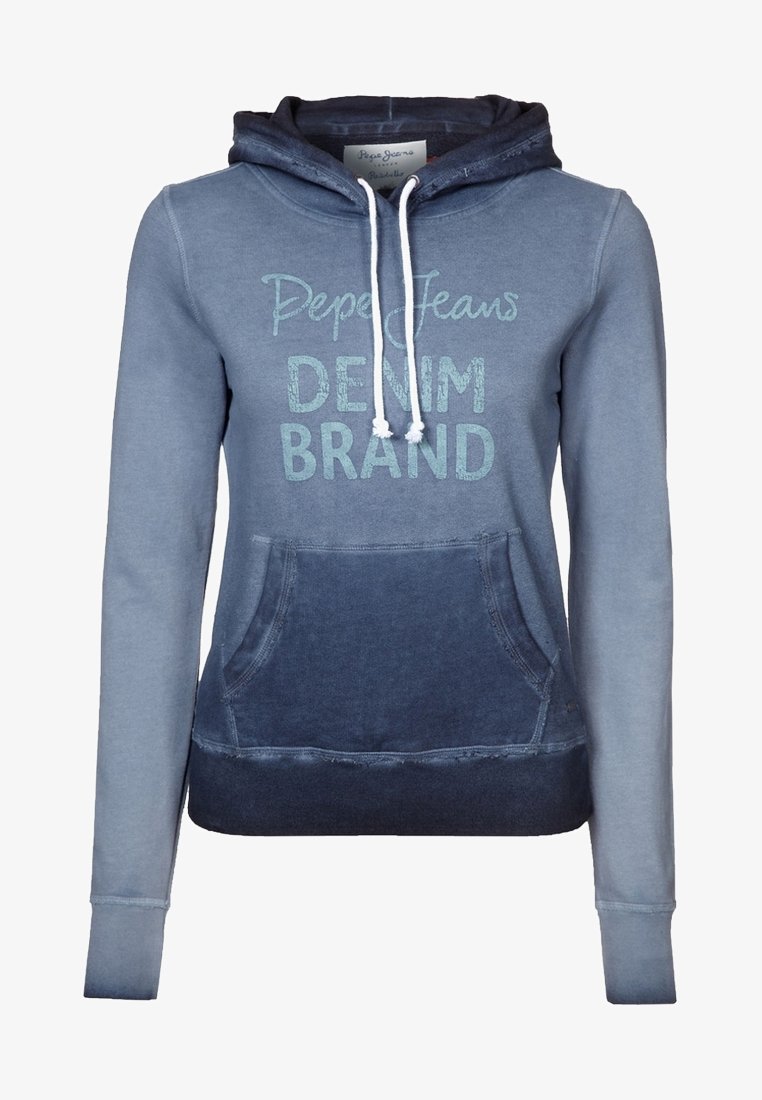 Blå gradient hoodie i bomull, med en framficka och dragsnören. "Pepe Jeans DENIM BRAND" grafik i blått på bröstet.