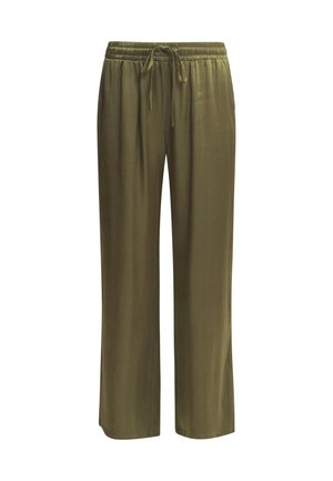 Olive green, wide-leg pants made from a smooth fabric. Features an elastic waistband with a drawstring. No notable patterns or accents.