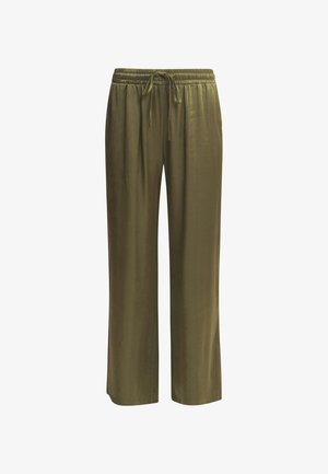 Olive green, wide-leg pants made from a smooth fabric. Features an elastic waistband with a drawstring. No notable patterns or accents.