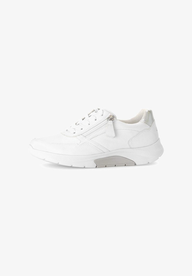 Witte veterschoenen met ritsluiting, glad synthetisch bovenwerk, gevoerde zool, zilverkleurig accent op de hak en textuurdetails op de zijkanten.