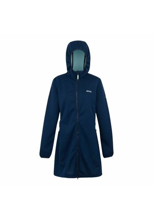 Veste polaire à capuche bleu marine avec fermeture éclair intégrale à l'avant, manches longues et poches latérales zippées, conçue pour la chaleur et un usage décontracté.