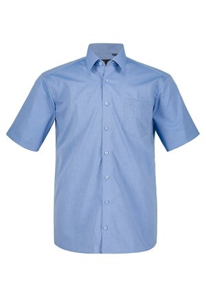 Light blue short-sleeve button-up shirt with a collar and chest pocket, shown on a white background.