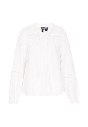 Valge pika varrukaga pluus, millel on V-kaelus, pitsaktsentid, tõmbluku detail ja veidi kogutud varrukad. Valmistatud kergest kangast.