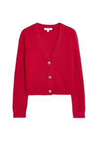 Cardigan rosso in misto lana con scollatura a V profonda, maniche lunghe e cinque bottoni in tono oro sul davanti. Texture morbida, design corto.
