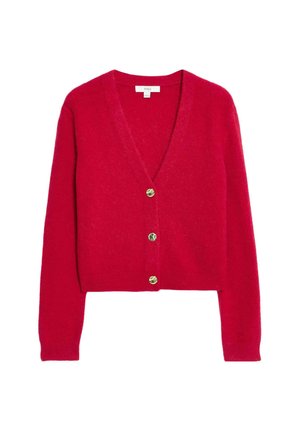 Röd ullblandad cardigan med djup v-ringning, långa ärmar och fem knappar i guldton nedanför. Mjuk textur, kort design.