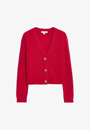 Rode wolblend cardigan met een diepe v-hals, lange mouwen en vijf goudkleurige knopen aan de voorkant. Zachte textuur, cropped ontwerp.