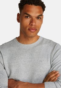 Suéter texturizado gris claro con cuello redondo y mangas largas, con un sutil detalle del logo en la parte frontal. El modelo tiene los brazos cruzados.