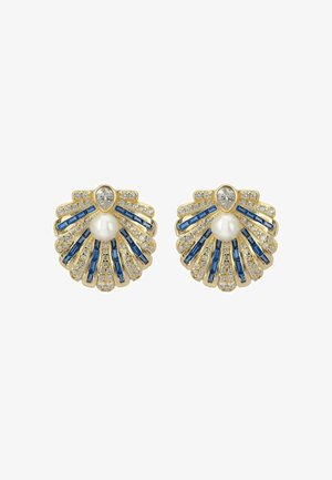 Orecchini color oro a forma di conchiglia, con pietre rettangolari blu, strass trasparenti e un dettaglio centrale di perla.