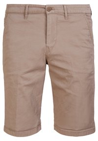 Shorts en coton beiges avec un design à coupe droite, deux poches avant et une fermeture à bouton. Texture lisse avec un bord ourlé.
