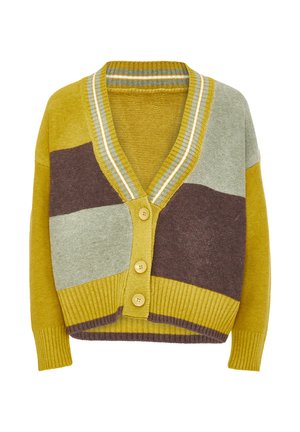Strickjacke mit gelben, braunen und grünen Farbblöcken, V-Ausschnitt, gerippten Säumen und Fünf-Knopf-Verschluss. Strukturierter Stoff.