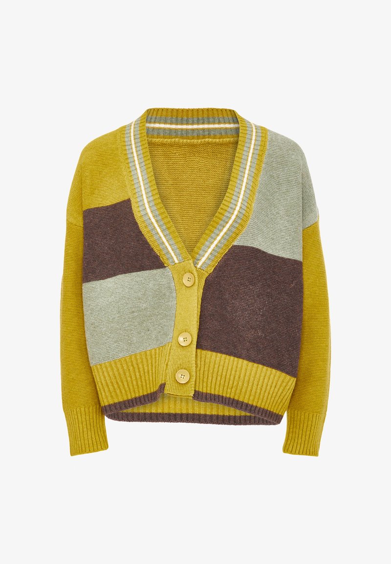 Kötött kardigán sárga, barna és zöld színblokkokkal, V-nyakkivágással, bordázott szegélyekkel és öt gombos záródással. Texturált anyag.