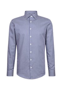 Camicia da uomo a maniche lunghe con strisce verticali blu e bianche, colletto con bottoni e bottoni bianchi lungo il davanti.