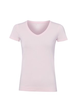 Hellrosa kurzärmliges V-Ausschnitt-T-Shirt mit glattem Stoff und schlichtem Design, dargestellt auf weißem Hintergrund.