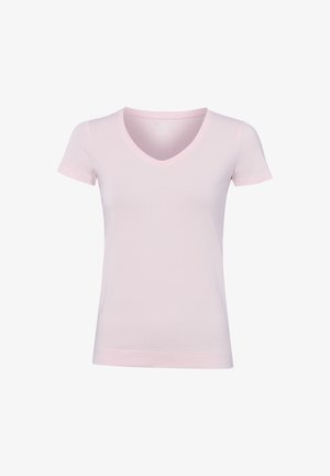 Hellrosa kurzärmliges V-Ausschnitt-T-Shirt mit glattem Stoff und schlichtem Design, dargestellt auf weißem Hintergrund.