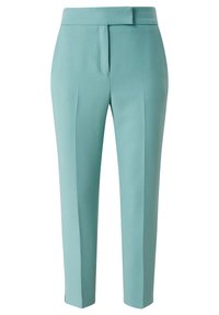 Pantalons taillés en teal clair avec un devant plat, une taille structurée et une jambe fuselée qui se termine juste au-dessus de la cheville. Texture de tissu lisse.
