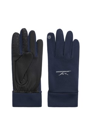 Paar dunkelblaue Swedemount-Handschuhe, einer zeigt eine schwarze strukturierte Handfläche, der andere mit Logo und Powersymbol am Zeigefinger.