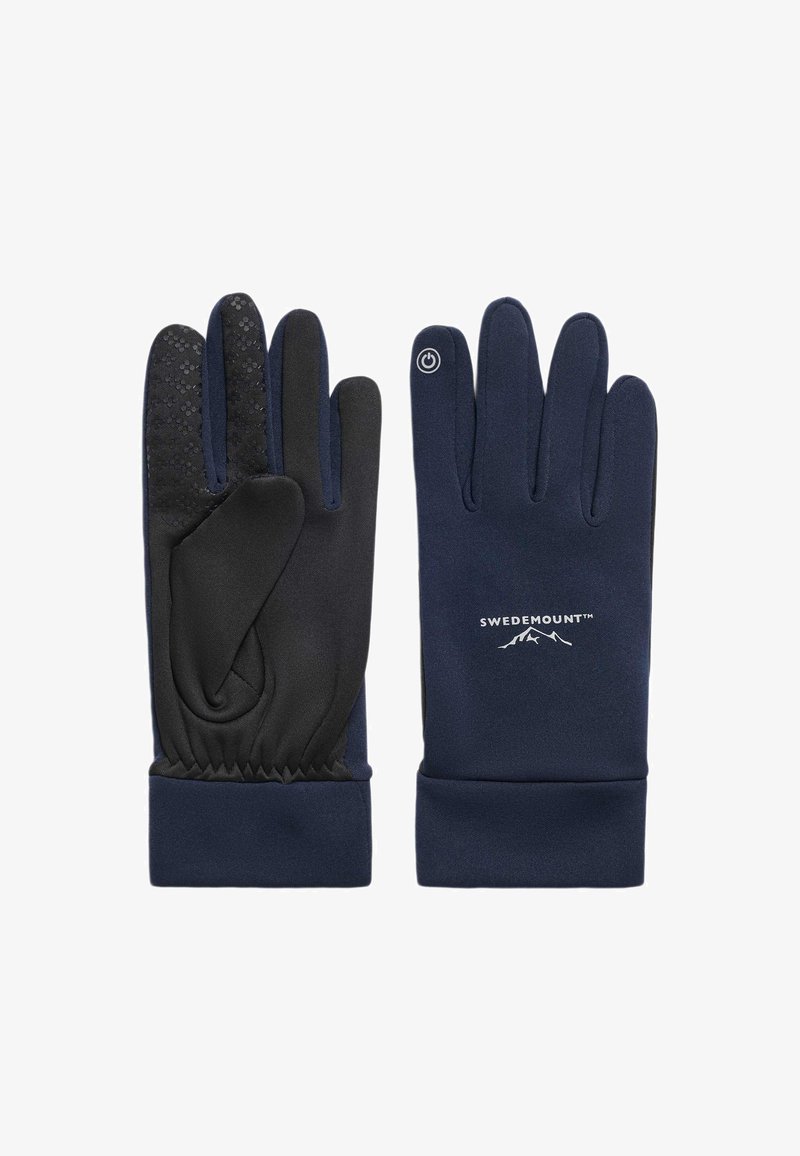 Paire de gants Swedemount bleu foncé, l'un montrant une paume texturée noire, l'autre avec logo et symbole d'alimentation sur l'index.