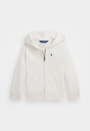 White zip-up hoodie made of soft fabric, featuring a front pocket, a hood, and a small green logo on the chest. Simple design, casual fit.