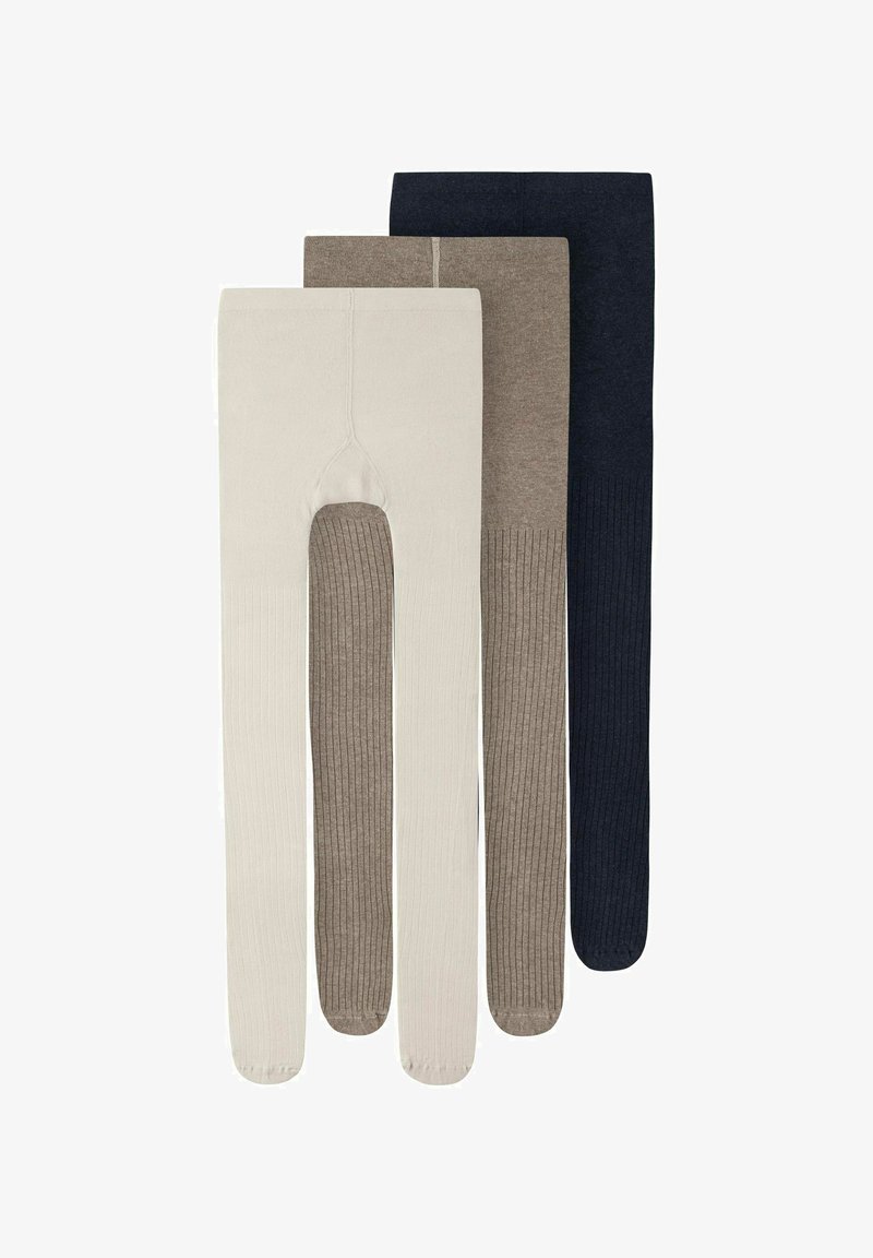 Trois paires de collants : beige clair, taupe côtelé et marine unie. Chaque paire présente une finition lisse et un design ajusté et allongé.
