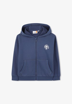 Marineblauwe zip-up hoodie met steekzakken aan de voorkant, geribde manchetten en zoom, capuchon en wit Timberland-logo met boom en "1973" op de borst.