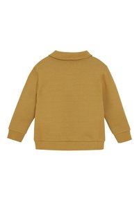 Mustard gele sweatshirt met lange mouwen, opgevouwen kraag, ribgebreide mouwen en ribgebreide zoom, van achteren afgebeeld op een witte achtergrond.