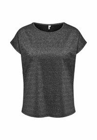 Top noir à manches courtes, avec une coupe ample, un col rond et une texture brillante sur l'ensemble du tissu.
