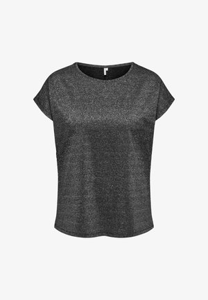 Top preto de manga curta com um corte solto, decote arredondado e uma textura brilhante em todo o tecido.