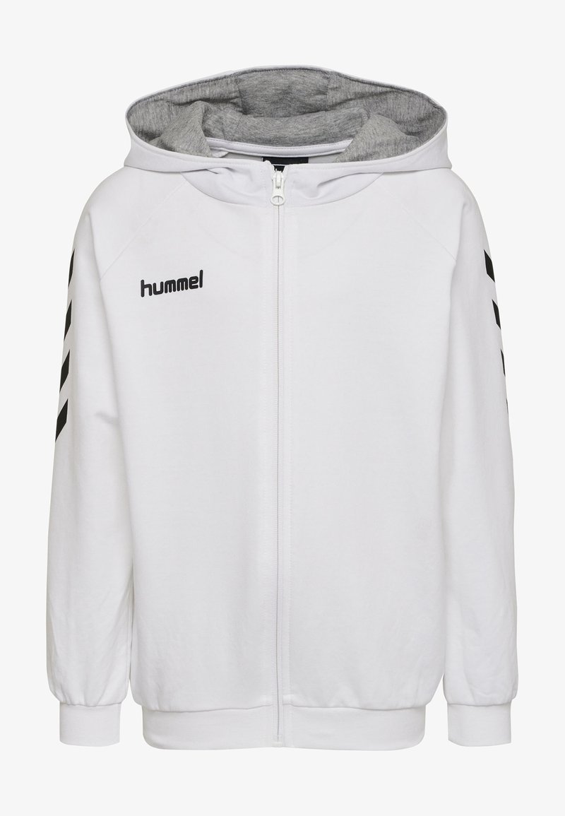 Sweat à capuche zippé blanc avec intérieur gris. Présente des rayures horizontales noires sur les manches, des poignets côtelés et une fermeture éclair à l'avant.