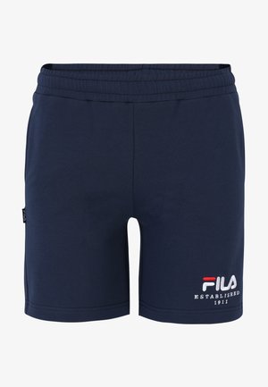 Marineblaue Fila-Shorts mit einem elastischen Bund. Merkmale sind ein weißes und rotes gesticktes Logo sowie der Text "ESTABLISHED 1911". Aus weichem Baumwollmaterial.