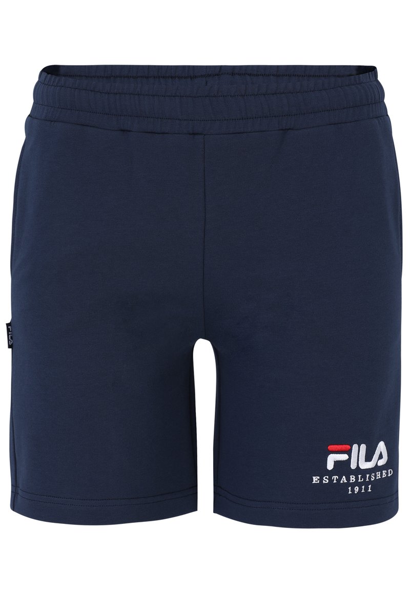 Marinblå Fila-shorts med elastisk midja. Utrustad med broderad vit och röd logotyp samt texten "ETABLERAD 1911". Mjuk bomullsmaterial.