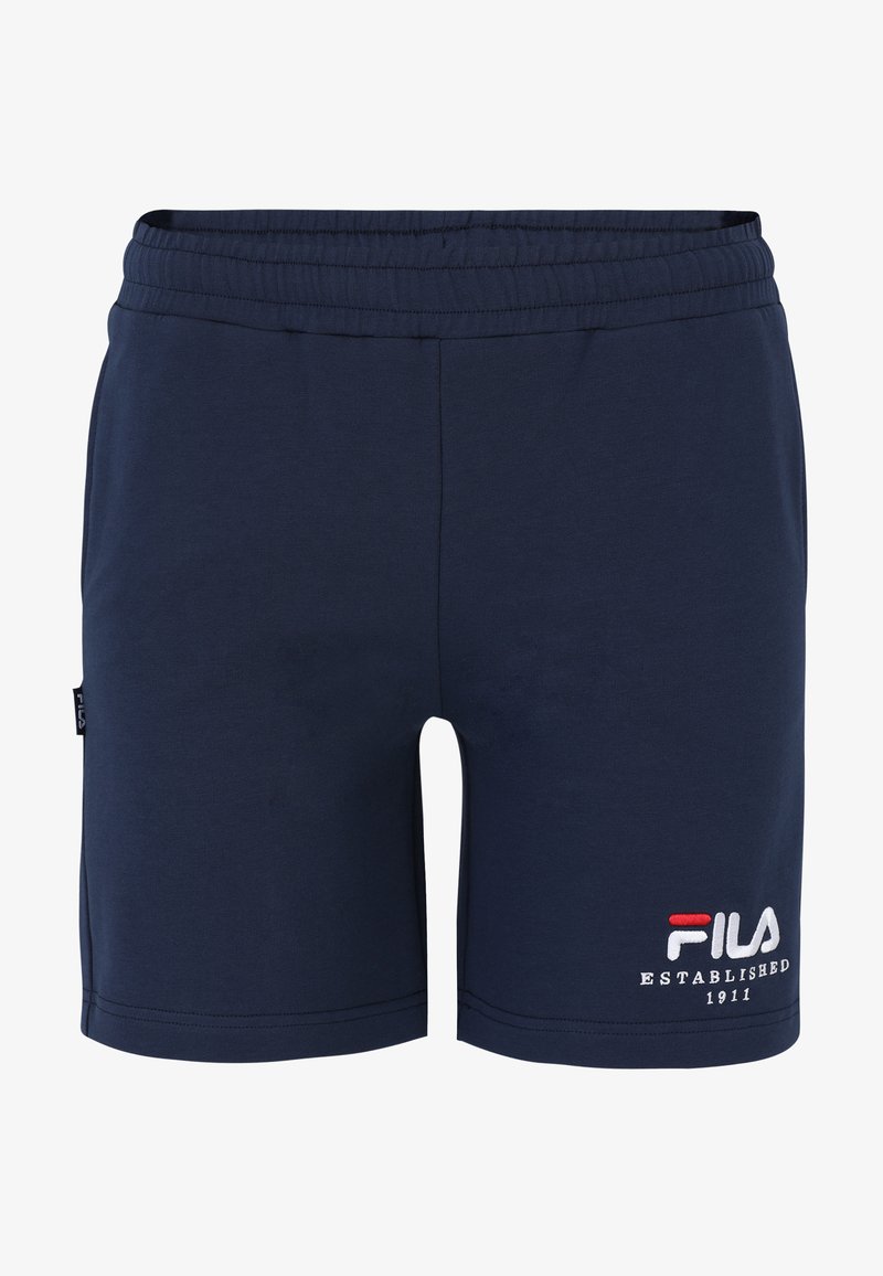 Pantaloni corti Fila blu navy con cintura elastica. Presentano un logo ricamato bianco e rosso e il testo "FONDATO NEL 1911". Materiale in cotone morbido.