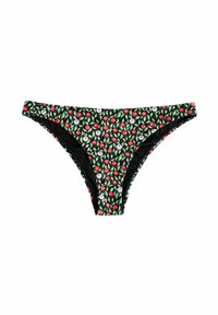 Bikini dno v črni barvi s vzorcem rdečih češenj in belih rož na zelenem listju. Mehak material z gladko, elastično teksturo.