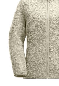 Cremefarbene Fleecejacke mit einer strukturierten, flauschigen Oberfläche, durchgehendem Reißverschluss und zwei Seitentaschen. Sie hat lange Ärmel und einen hohen Kragen.