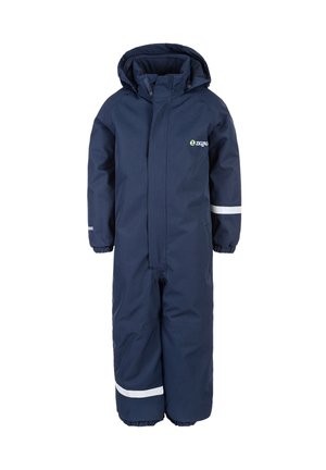 Dunkelblauer Kinder-Schneeanzug aus wasserdichtem Material, mit Kapuze, reflektierenden Streifen, elastischen Bündchen und einem Front-Reißverschluss.