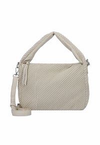 Sac à main beige texturé avec une poignée tressée, fermeture éclair et une bandoulière réglable. Fabriqué en matériau doux et tissé.