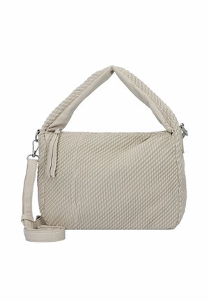 Texturált bézs kézitáska fonott fogantyúval, cipzáras zárással és állítható vállpánttal. Puha, szőtt anyagból készült.