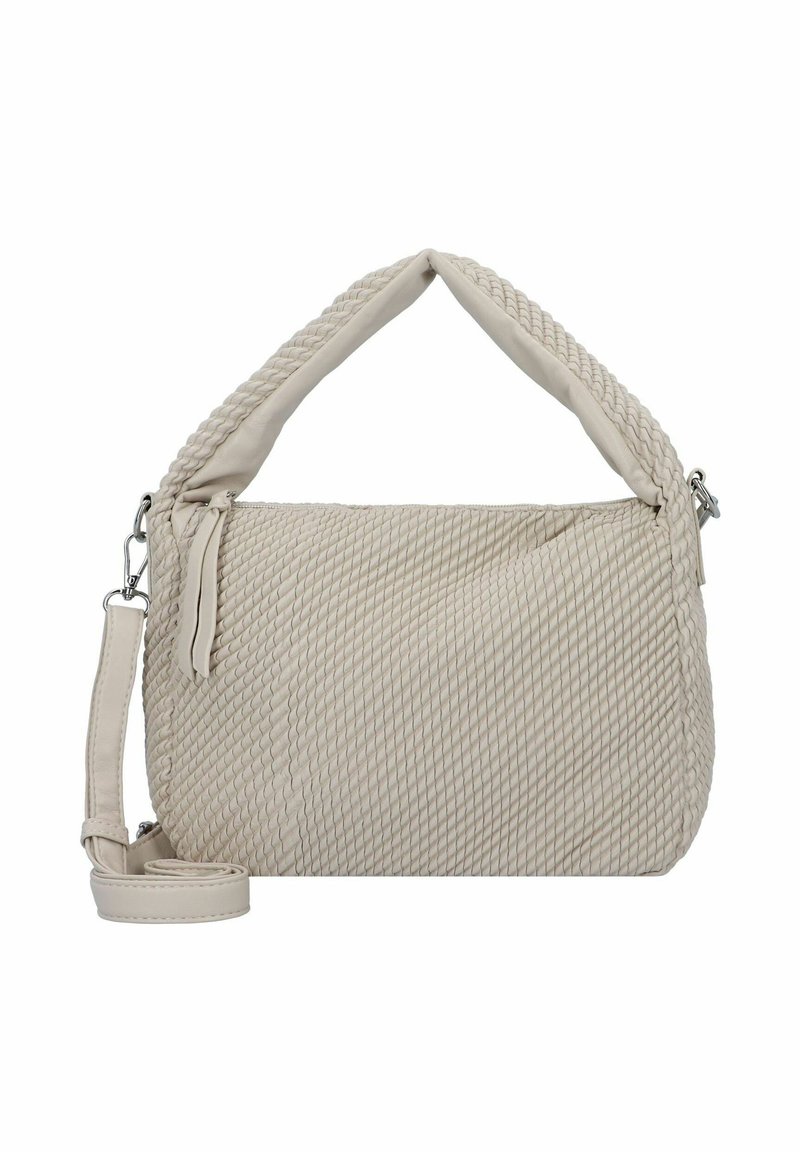 Sac à main beige texturé avec une poignée tressée, fermeture éclair et une bandoulière réglable. Fabriqué en matériau doux et tissé.