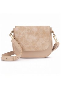 Bézs kézitáska texturált fedéllel és sima alappal. Arany színű fém alkatrészekkel és állítható pánttal rendelkezik. Kompakt, téglalap alakú.